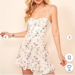 Reformation White Mini Dress with Blue Floral Print